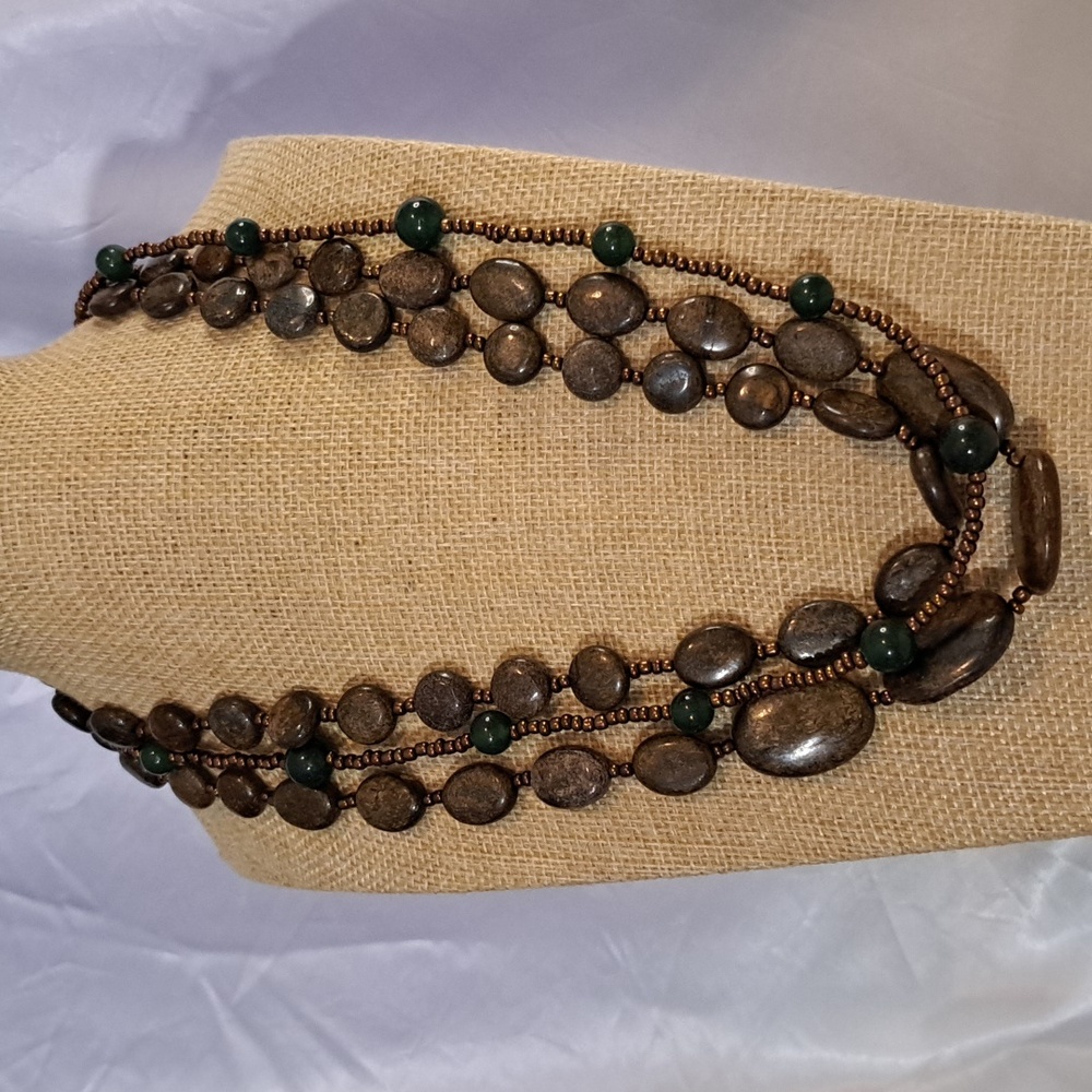 Hand Crafted Bronzite and Green Stone Necklace